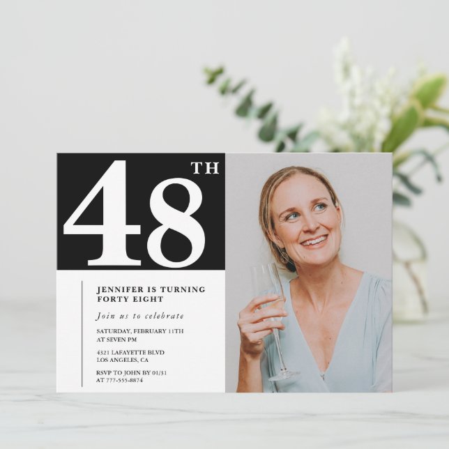 Black and White Photo 48th birthday Invitations  (Standing Front)