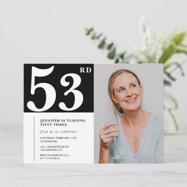 Black and White Photo 53rd birthday Invitations  (Standing Front)