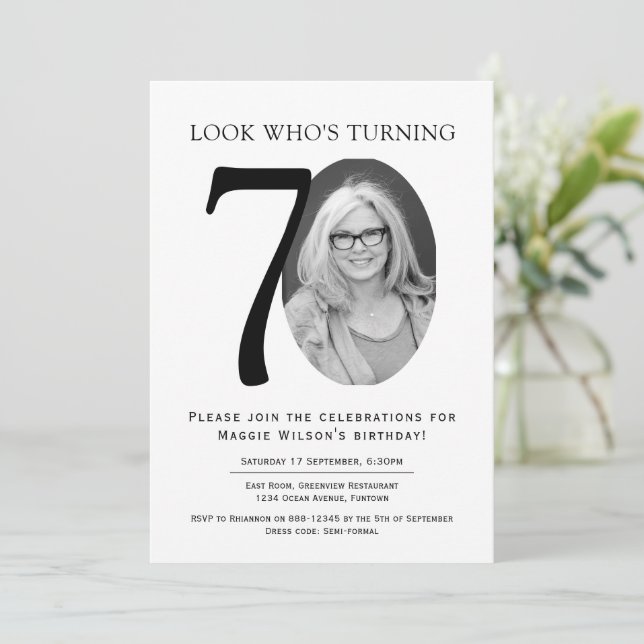 Black and White Photo 70th Birthday Invitation (Standing Front)