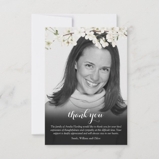 Black and White Photo Blossom Floral Funeral  Thank You Card (Front)