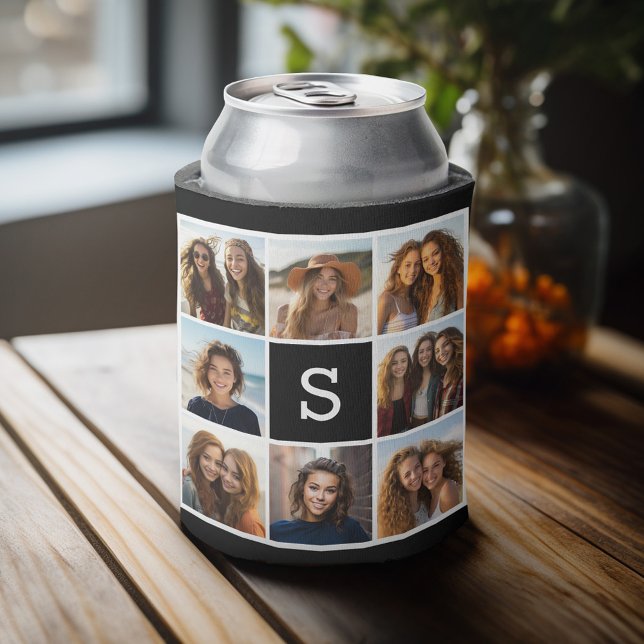 Black and White Photo Collage Custom Monogram Can Cooler (Personalized can cooler with an area to add photos and custom text)
