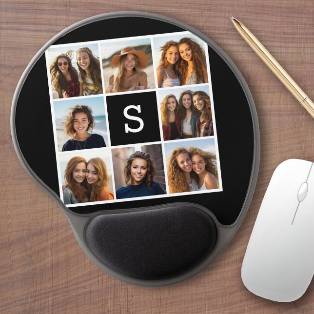 Black and White Photo Collage Custom Monogram Gel Mouse Pad (Custom mouse pad with photos and text)