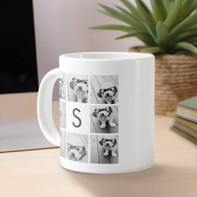 Black and White Photo Collage Custom Monogram Large Coffee Mug (Personalized mug)
