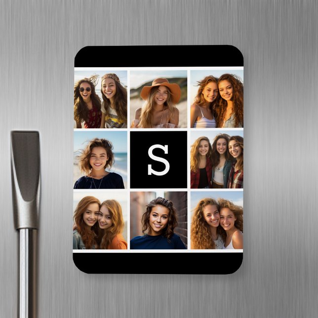 Black and White Photo Collage Custom Monogram Magnet (Personalized fridge magnet with photos and text)