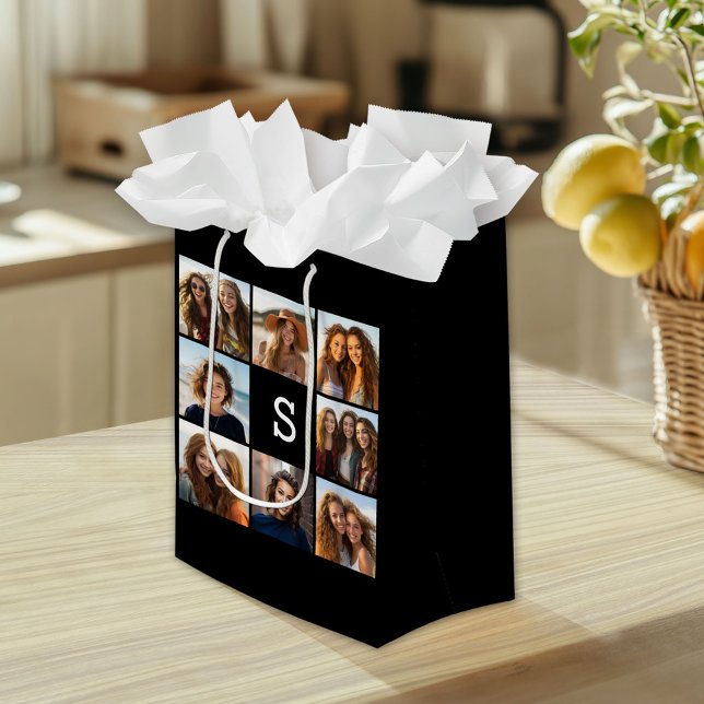 Black and White Photo Collage Custom Monogram Medium Gift Bag (Custom Gift Bag)