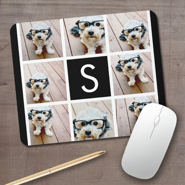 Black and White Photo Collage Custom Monogram Mouse Pad (Personalized mouse pad with your photos and text)
