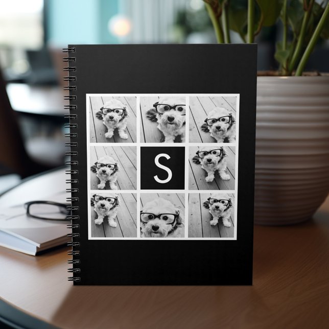 Black and White Photo Collage Custom Monogram Notebook (Personalized notebook - add photos and custom text)