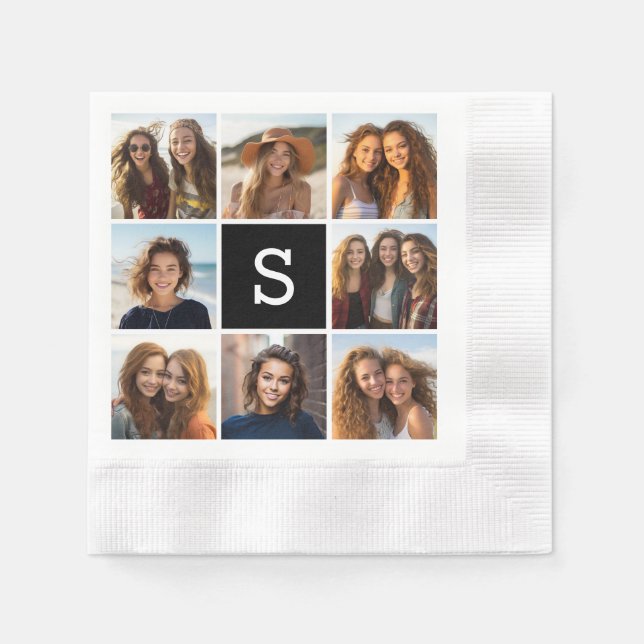 Black and White Photo Collage Custom Monogram Paper Napkins (Front)