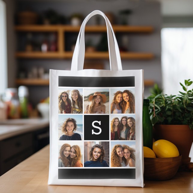 Black and White Photo Collage Custom Monogram Reusable Grocery Bag (Personalized Grocery Tote)