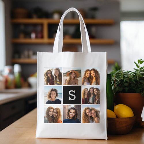 Black and White Photo Collage Custom Monogram Reusable Grocery Bag