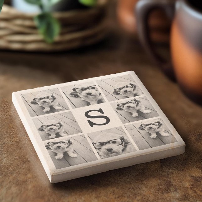 Black and White Photo Collage Custom Monogram Stone Coaster (Custom Stone Coaster)