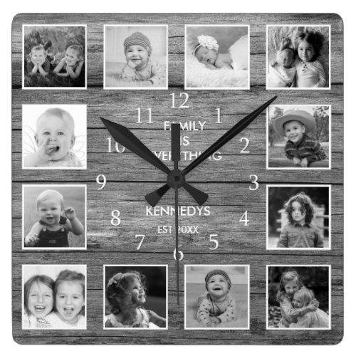 Black And White Photo Collage Family Quote Wood Square Wall Clock