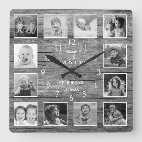 Black And White Photo Collage Family Quote Wood Square Wall Clock