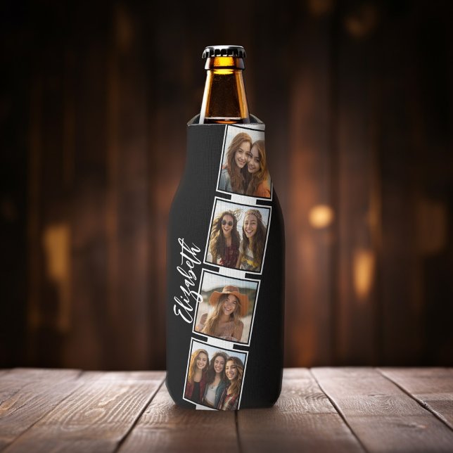 Black and White Photo Collage Squares Personalized Bottle Cooler (Add 4 photos to this personalized bottle cooler.)