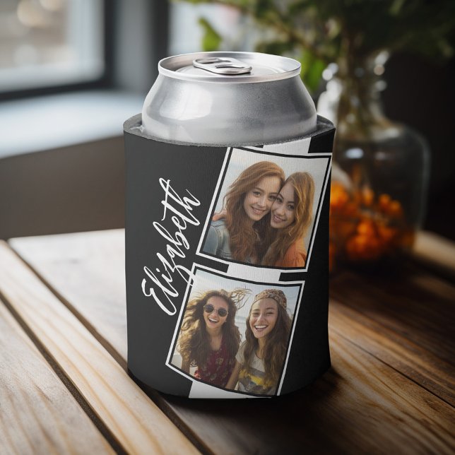 Black and White Photo Collage Squares Personalized Can Cooler (Celebrate with a personalized can cooler - add 4 photos and your name. Great party favor or gift)