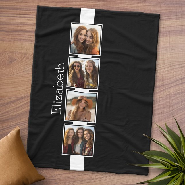 Black and White Photo Collage Squares Personalized Fleece Blanket (Personalized Fleece Blanket - Add Photos and Text)