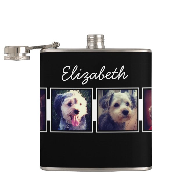 Black and White Photo Collage Squares Personalized Hip Flask (Opened)