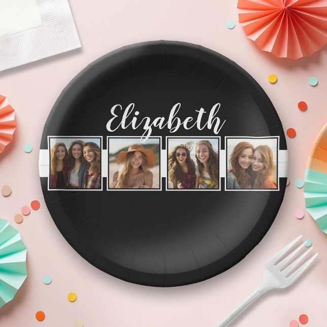 Black and White Photo Collage Squares Personalized Paper Plates (Custom Paper Plate for a Party)