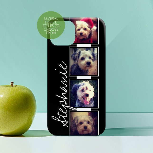 Black and White Photo Collage Squares with name Case-Mate iPhone Case (Personalized Phone Case with 4 Photos and Custom Name)