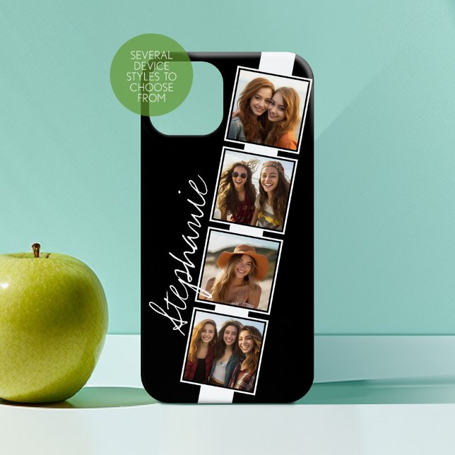 Black and White Photo Collage Squares with name Case-Mate iPhone Case (Personalized Phone Case with 4 Photos and Custom Name)