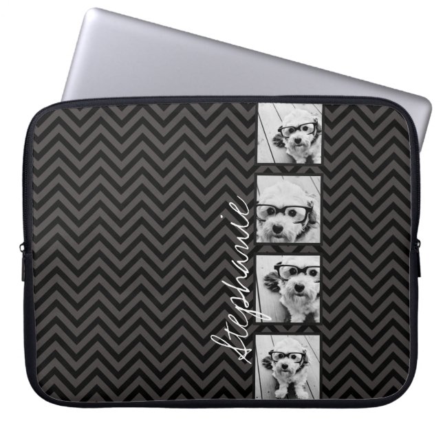 Black and White Photo Collage Squares with name Laptop Sleeve (Front)