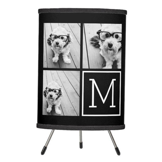 Black and White Photo Collage with Monogram Tripod Lamp (Front)