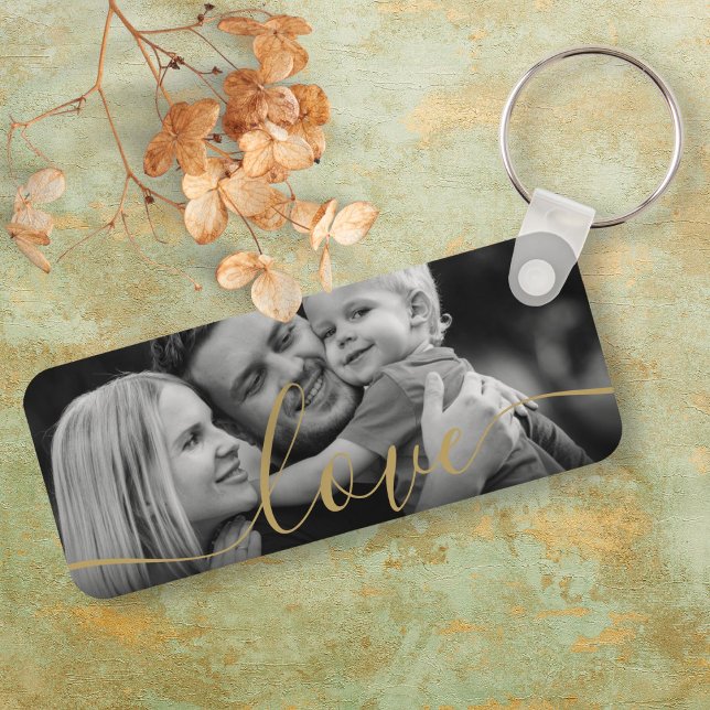 Black and White Photo Elegant Gold Script Love Keychain (Black and White Photo Elegant Gold Script Love Keychain)