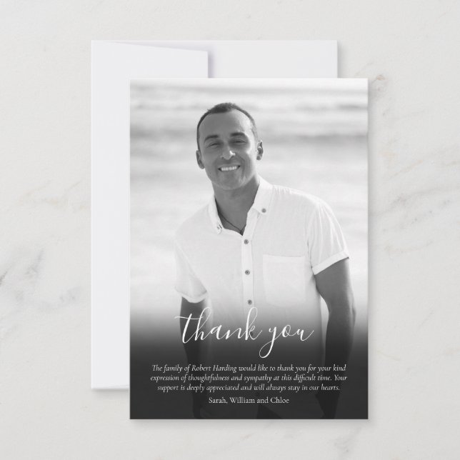 Black and White Photo Funeral Elegant Script Thank You Card (Front)
