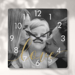 Black and White Photo Gold Script Love Square Wall Clock<br><div class="desc">Personalize with your favorite family photo,  featuring a beautiful white script font with the word love,  creating a unique memory and gift to treasure! Designed by Thisisnotme©</div>