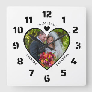 Black And White Photo In Heart Wedding Anniversary Square Wall Clock
