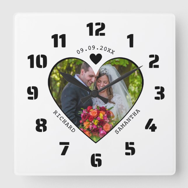 Black And White Photo In Heart Wedding Anniversary Square Wall Clock (Front)