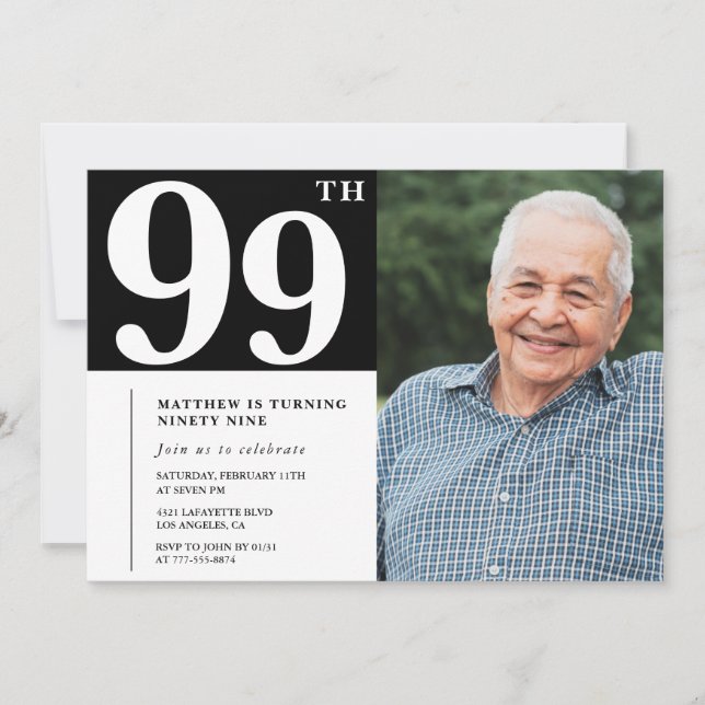 Black and White Photo Men 99th birthday Invitation (Front)