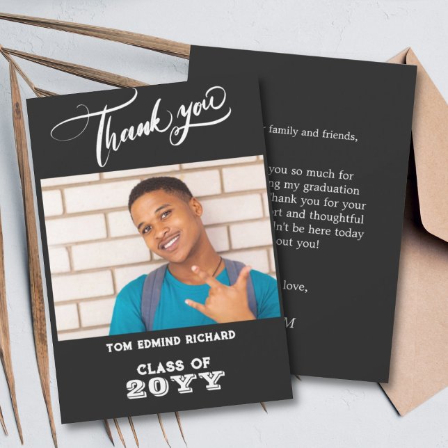 Black and White Photo Modern School Graduate Thank You Card (Creator Uploaded)