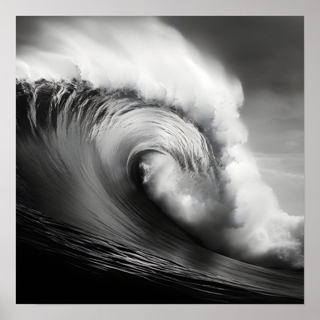 Black and white photo of a breaking ocean wave poster (Front)