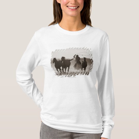 Black and White photo of a Cowboy Lassoing Horses T-Shirt