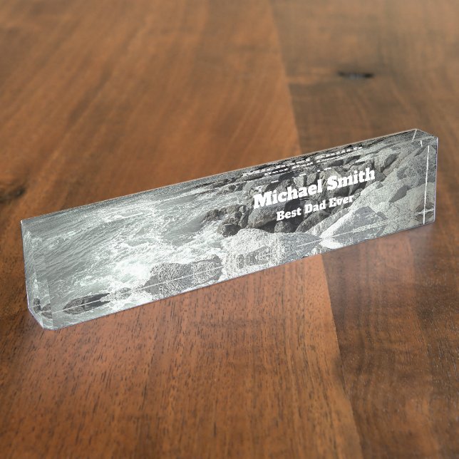 Black and White Photo of a Rocky Ocean Shore Desk Name Plate (Side)