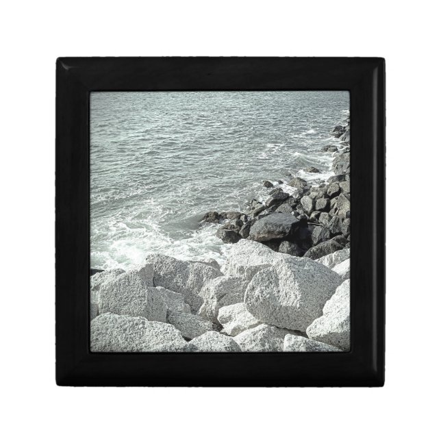 Black and White Photo of a Rocky Ocean Shore Gift Box (Front)