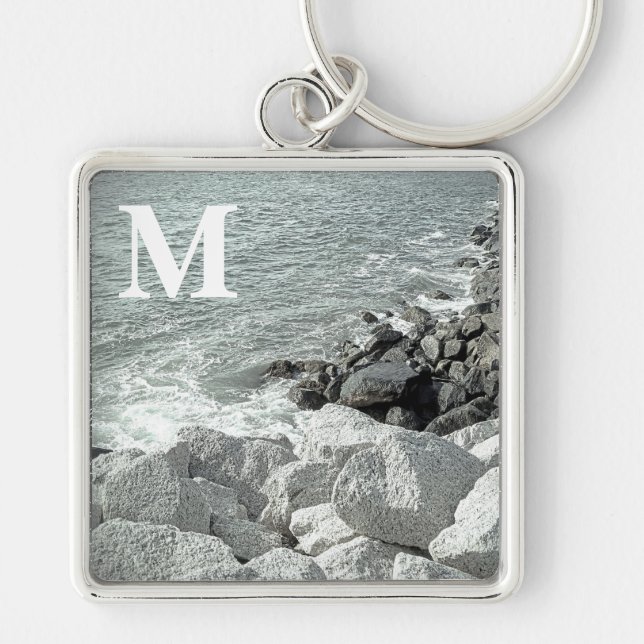 Black and White Photo of a Rocky Ocean Shore Keychain (Front)