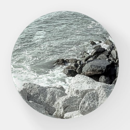 Black and White Photo of a Rocky Ocean Shore Paperweight