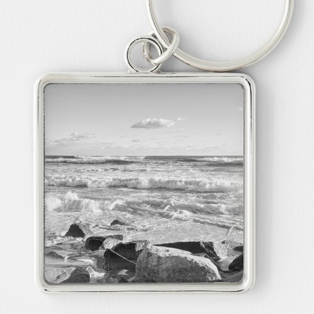 Black and White Photo of Atlantic Ocean Waves Keychain (Front)