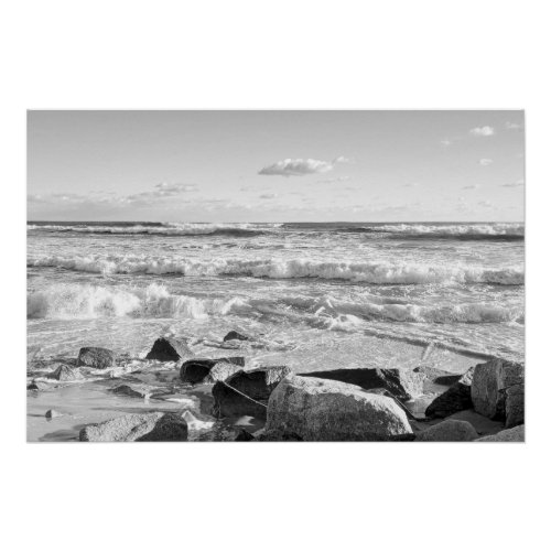 Black and White Photo of Atlantic Ocean Waves Poster