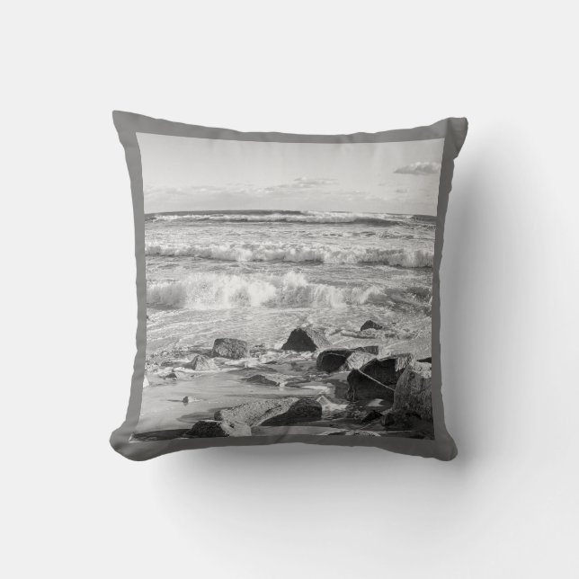 Black and White Photo of Atlantic Ocean Waves Throw Pillow (Front)