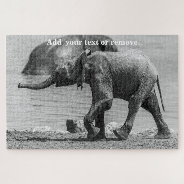 Black and white photo of baby elephant in a lake, jigsaw puzzle (Horizontal)