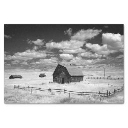 Black and White Photo of Barns in a Grass Field Tissue Paper