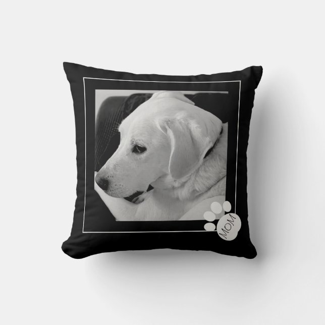 Black and White Photo of Cute Dog Best Mom Ever Throw Pillow (Front)