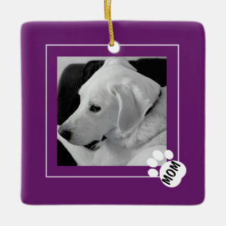 Black and White Photo of Cute Dog Mom Paw Purple Ceramic Ornament