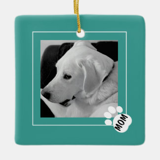Black and White Photo of Cute Dog Mom Paw Teal Ceramic Ornament