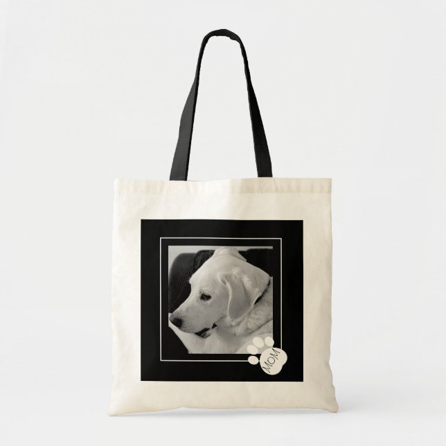 Black and White Photo of Cute Dog Mom Paw Tote Bag (Front)