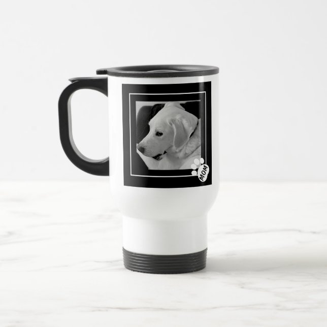 Black and White Photo of Cute Dog Mom Paw Travel Mug (Left)