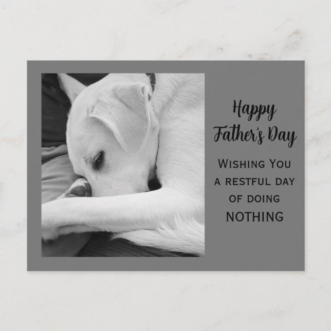 Black and White Photo of Cute Dog Resting with Dad Holiday Postcard (Front)